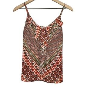 Women's S Guess Vintage Sheer Ruffled Tank Geometric Pattern Ruffled Smocked